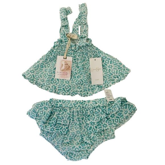 Jessica Simpson Baby Girls 2 Pc Summer Shorts aqua white Set size 3/6 months new - Picture 1 of 13
